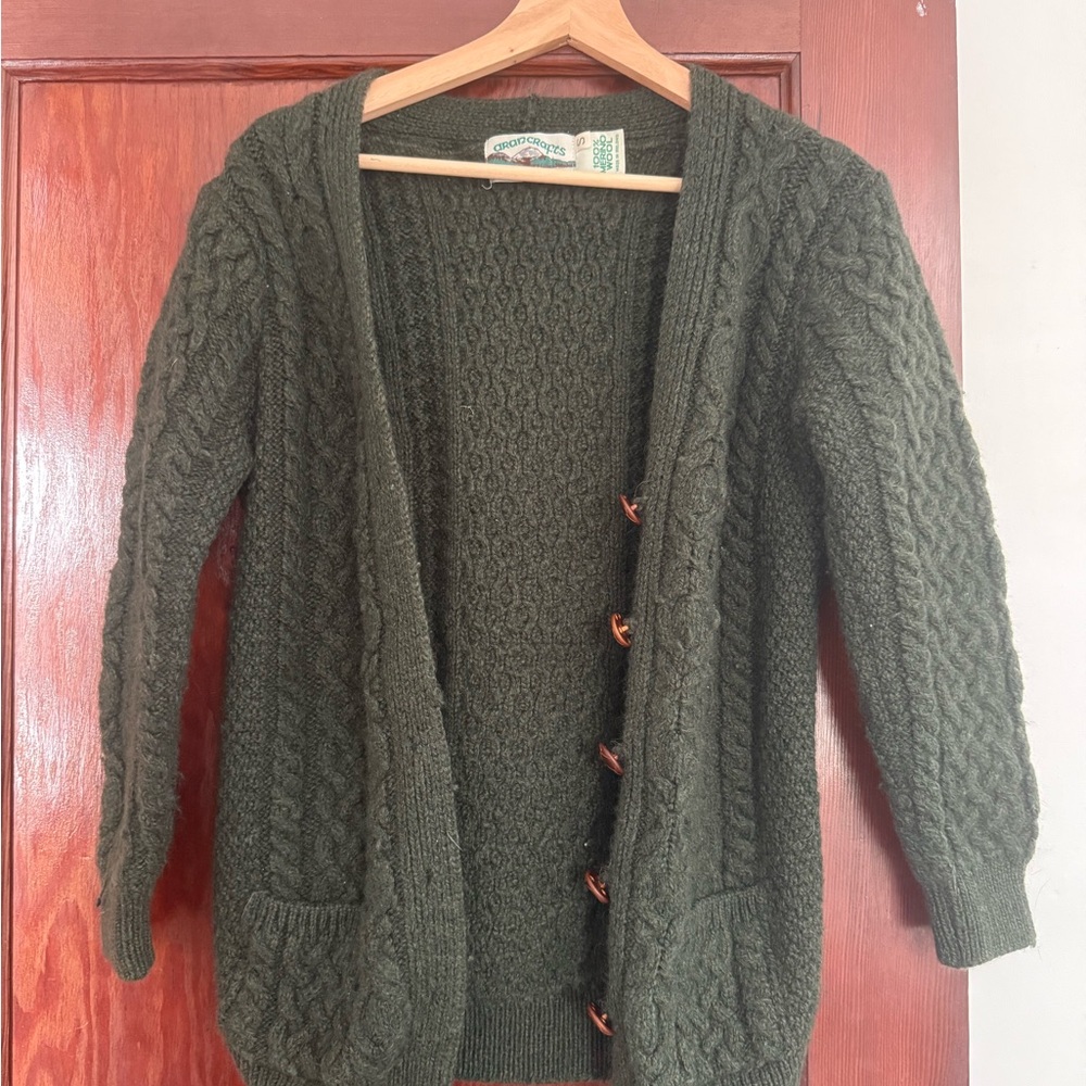 Aran Crafts Wool Green Cable Knit Cardigan
